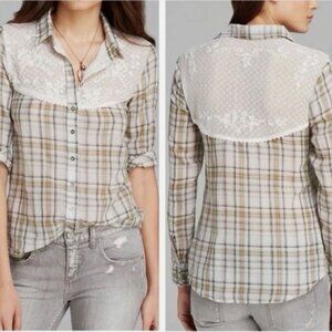 FREE PEOPLE Saddle Up Plaid Lace Yoke Button-Up Blouse XS